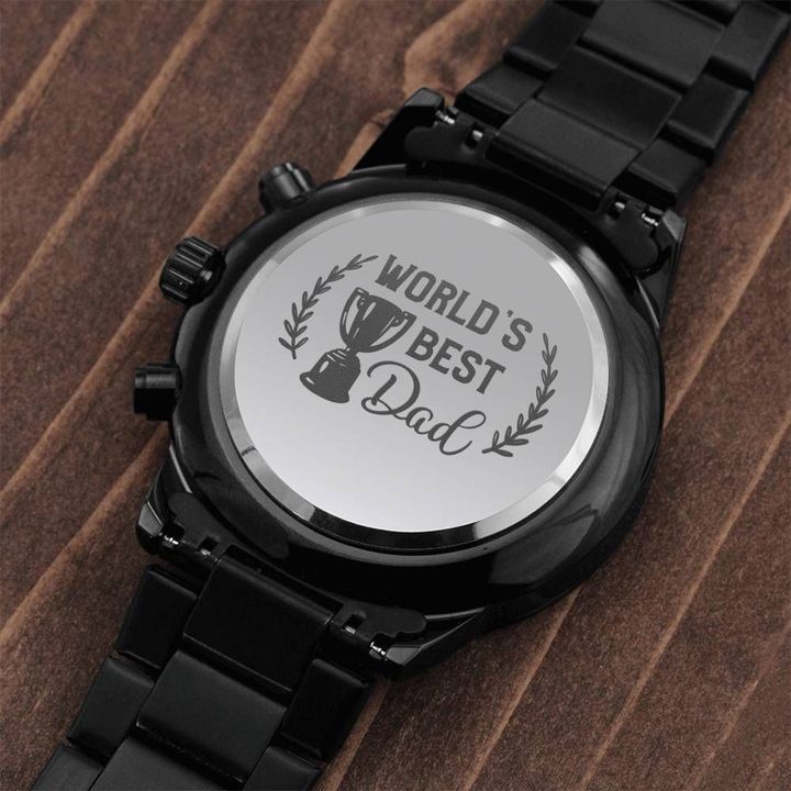 Gift For Him Happy Father's Day To The World's Best Dad With Sand Timer Design Engraved Customized Black Chronograph Watch