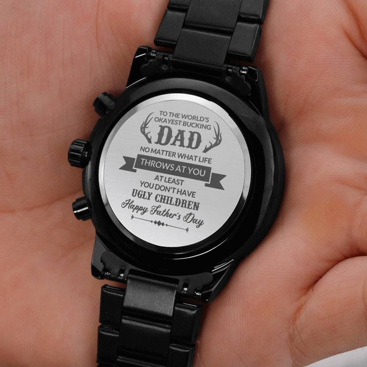 Gift For The World's Okayest Bucking Dad Engraved Customized Black Chronograph Watch