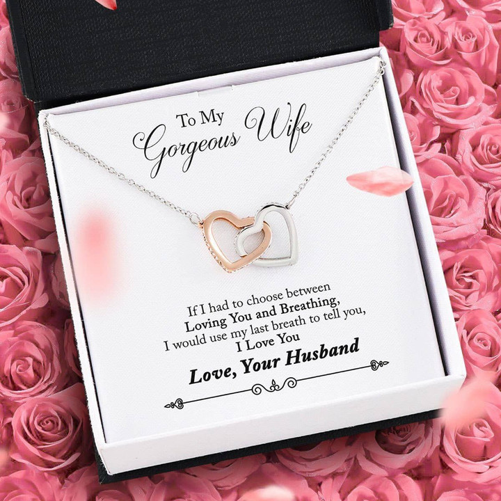 Husband Gift For Wife Loving You And Breathing Interlocking Hearts Necklace
