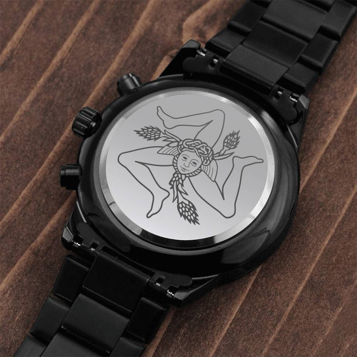 Gift For Him Sicilian Chrono Head With Three Legs Art Engraved Customized Black Chronograph Watch