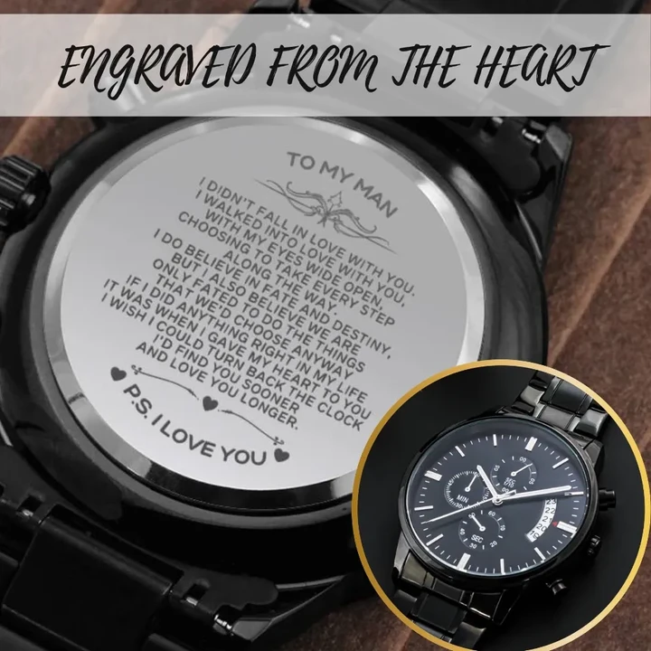 Gift For Him Engraved Customized Black Chronograph Watch With Meaningful Quotes