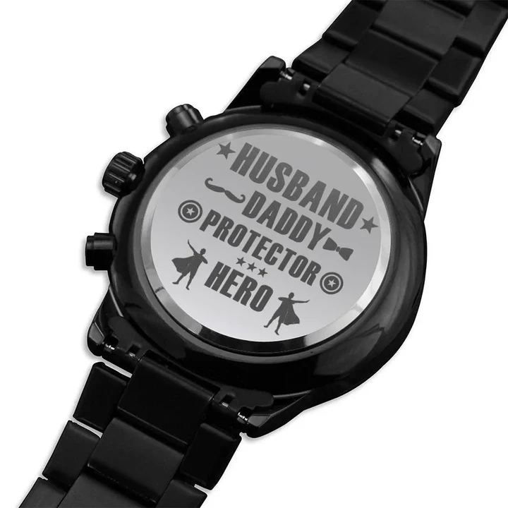 Gift For Husband Or Daddy Protector Hero Engraved Customized Black Chronograph Watch