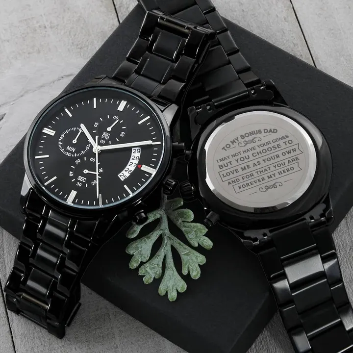 Perfect Gift For My Bonus Dad Engraved Customized Black Chronograph Watch
