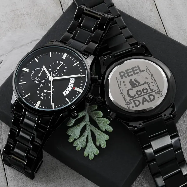 Gift For Dad Father's Day Reel Cool Dad Engraved Customized Black Chronograph Watch