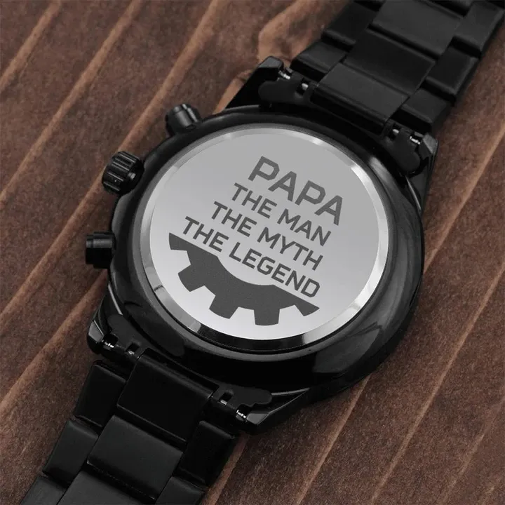 Gift For Papa The Man The Myth The Legend Engraved Customized Black Chronograph Watch