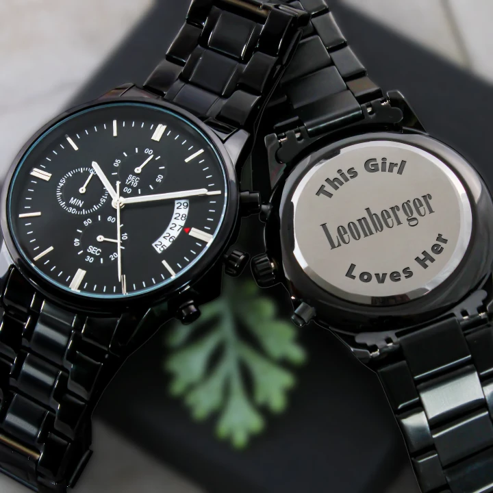 This Girl Loves Her Leonberger Engraved Customized Black Chronograph Watch Gift For Dog Lover