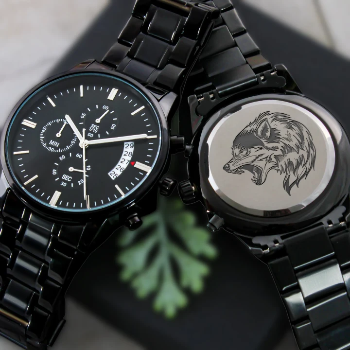 Gray Wolf Howling Engraved Customized Black Chronograph Watch Gift For Him