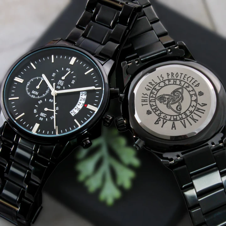 This Girl Is Protected By A Viking Engraved Customized Black Chronograph Watch