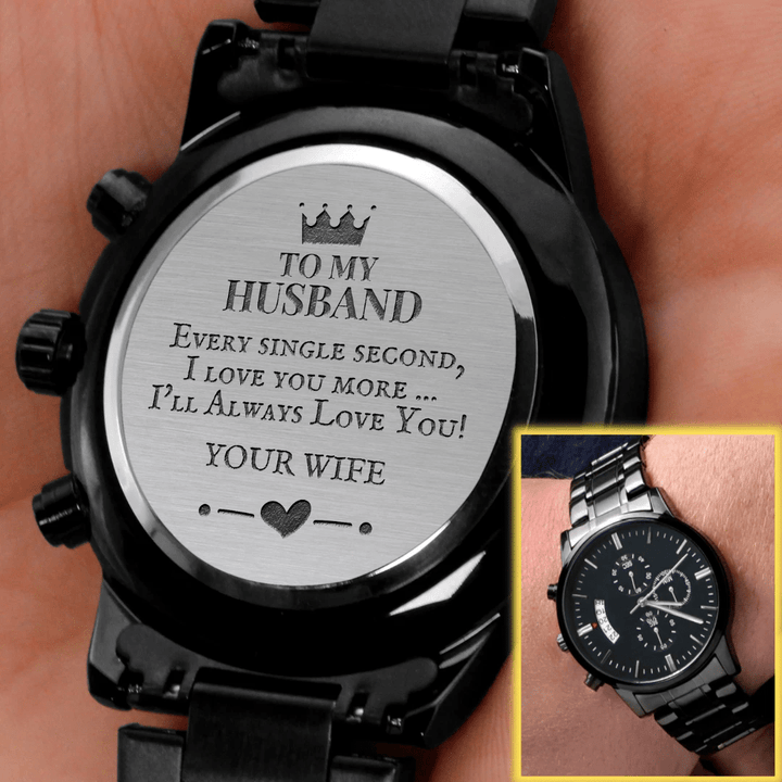 Gift For Husband Every Single Second Engraved Customized Black Chronograph Watch