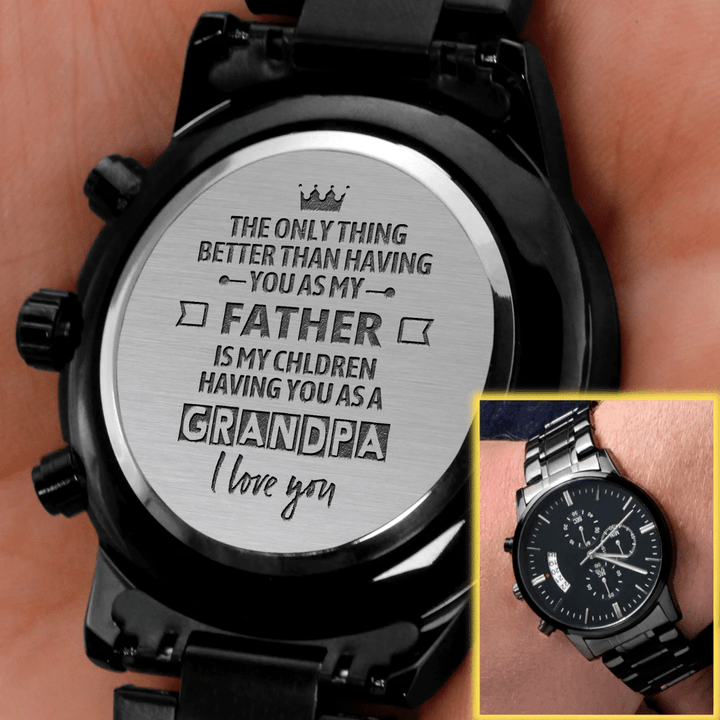 Gift For Father Children's Grandpa Engraved Customized Black Chronograph Watch