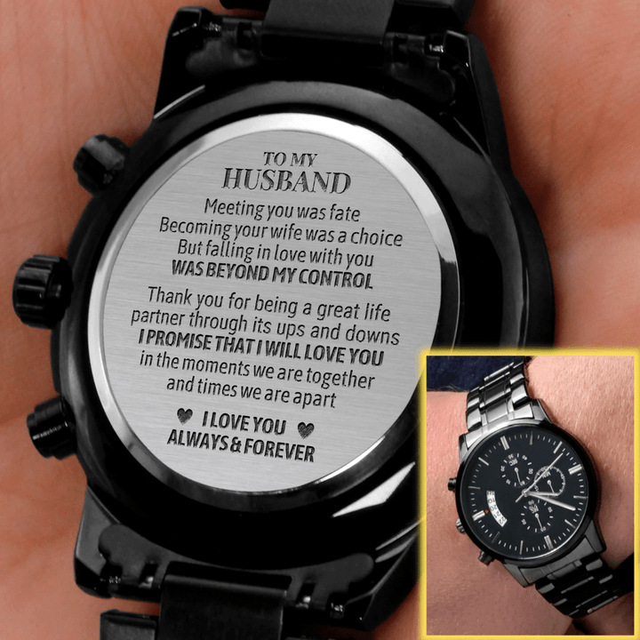 Gift For Husband I Promise Engraved Customized Black Chronograph Watch