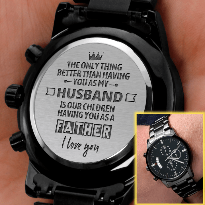 Best Gift For Husband Engraved Customized Black Chronograph Watch