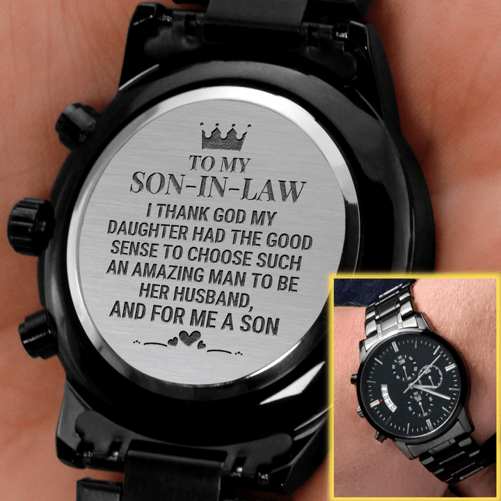 Gift For Son-in-law I Thank God Engraved Customized Black Chronograph Watch
