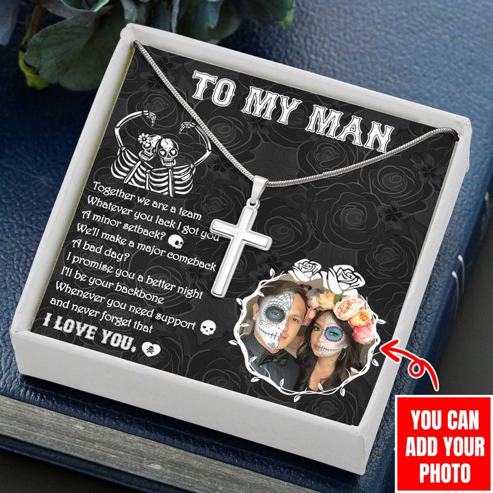 Custom Photo Artisan Crafted Cross Necklace Gift For Skull Lover I Love You
