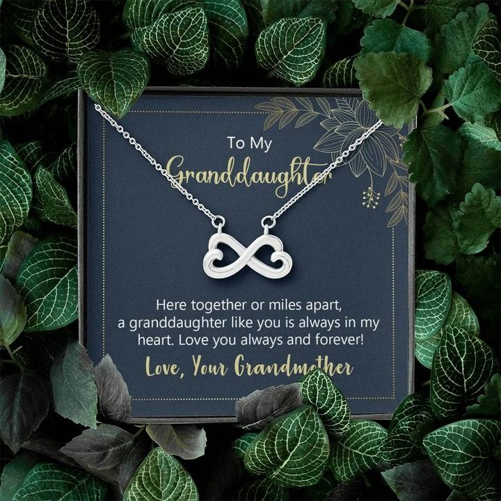 To My Granddaughter Here Together Or Miles Apart Infinity Heart Necklace