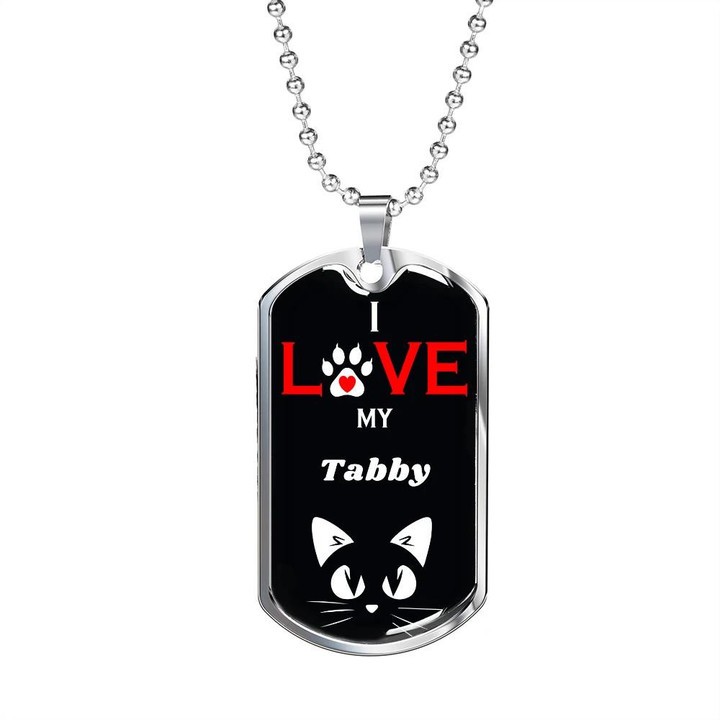 Dog Tag Necklace I Love My Tabby Cat Face On Black Background