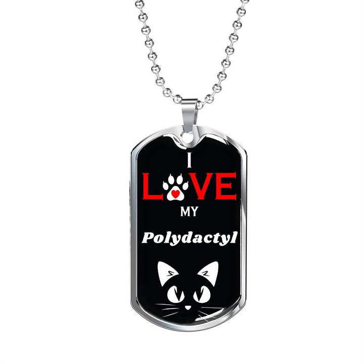 Black Background Design Dog Tag Necklace I Love My Polydactyl Cat Face Art Pattern