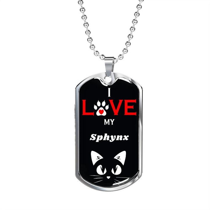 Black Background Design Dog Tag Necklace I Love My Sphynx Cat Face Pattern