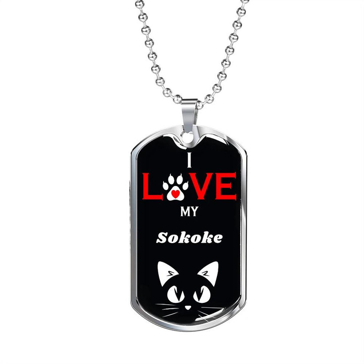 Black Background Design Dog Tag Necklace I Love My Sokoke Cute Cat Face