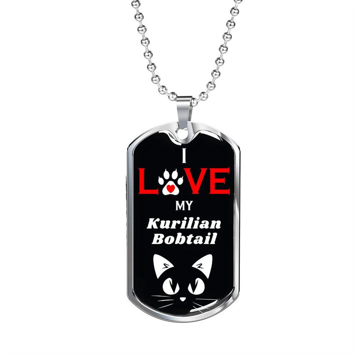 I Love My Kurilian Bobtail Cat Black Background Design Dog Tag Necklace