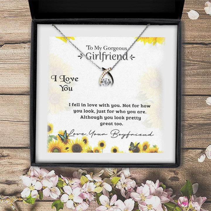 To My Gorgeous Girlfriend I Fell In Love With You  Wishbone Dancing Necklace