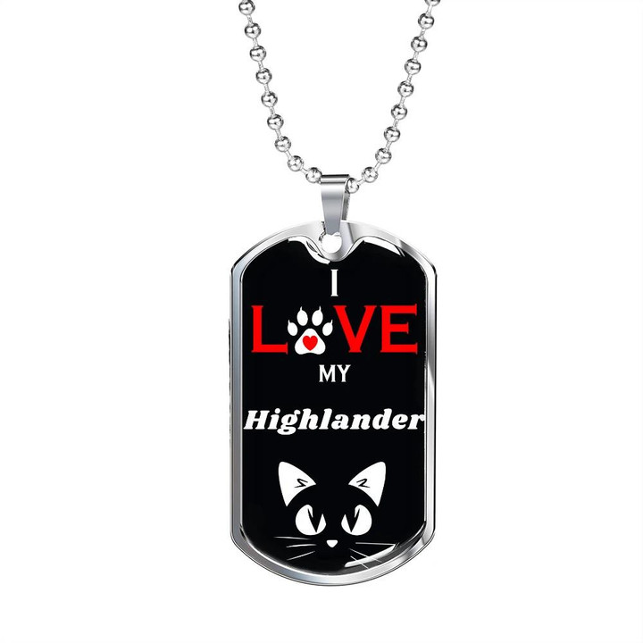 I Love My Highlander Cute Cat Art Black Background Design Dog Tag Necklace