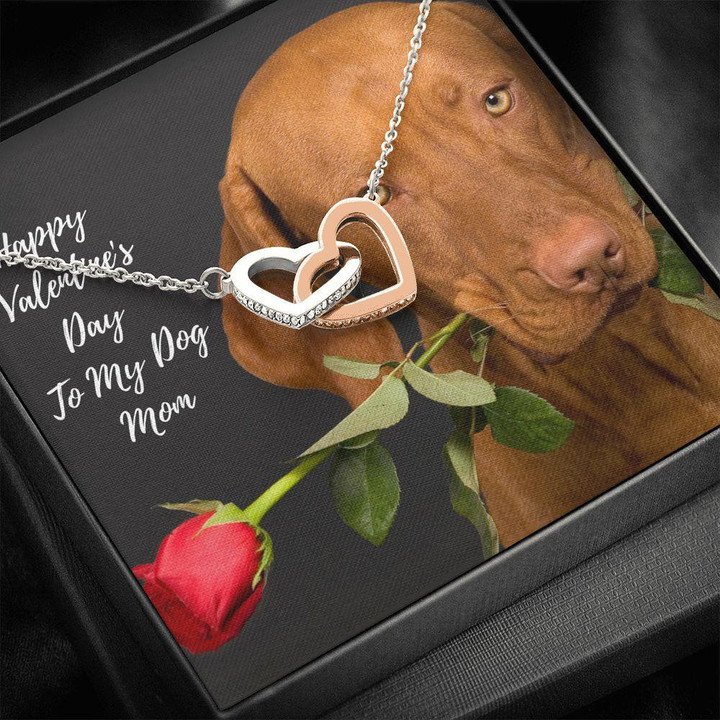 Gift For Vizsla Dog Mom Happy Valentine's Day Dog With Red Rose Interlocking Hearts Necklace
