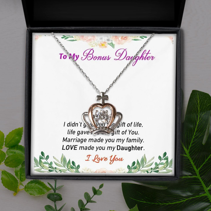 To My Bonus Daughter I Love You Gift For Daughter Crown Pendant Necklace