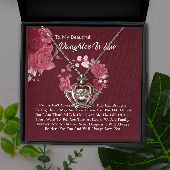 To My Beautiful Daughter In Law We Are Family Forever Gift For Daughter Crown Pendant Necklace