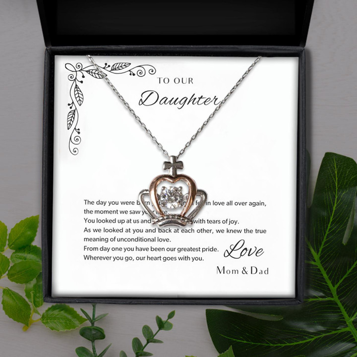 Mom And Dad Gift For Daughter Our Heart Goes With You Crown Pendant Necklace