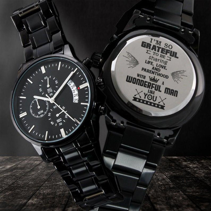 I'm So Grateful Gift For Husband Engraved Customized Black Chronograph Watch