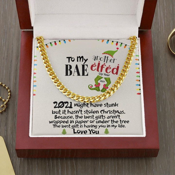 Gift For Husband Another Elfed Up Year 18K Gold Cuban Link Chain With Mahogany Style Gift Box