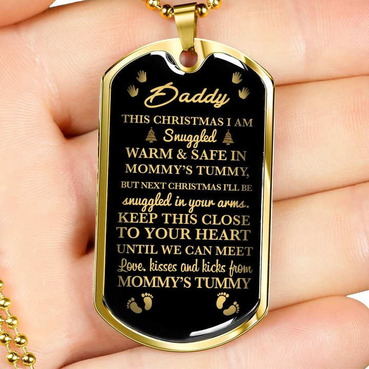 Gift For Daddy To Be This Christmas I Am Snuggled In Mommy's Tummy Dog Tag Pendant Keychain