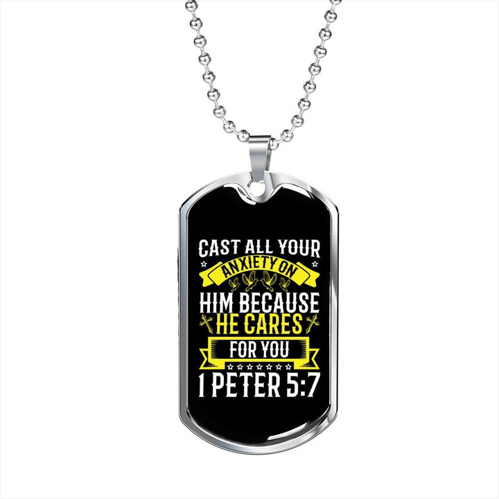Because He Cares For You Dog Tag Pendant Necklace Gift For Him Christian