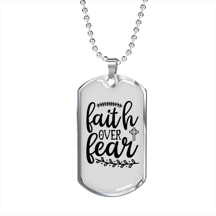 Faith Over Fear Hand Drawn Leaf Gift For Him Christian Dog Tag Pendant Necklace