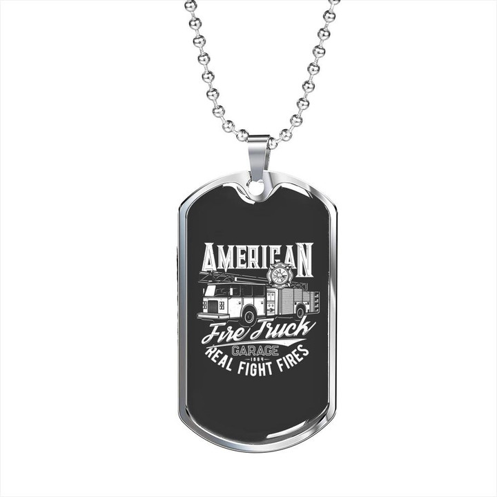 Retro American Fire Truck Gift For Him Firefighter Dog Tag Pendant Necklace