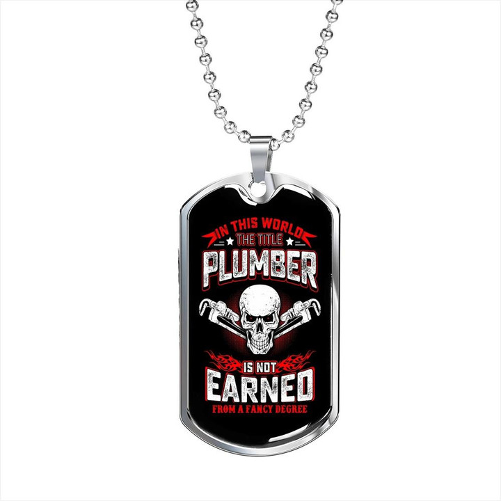 Earned Title Plumber Skull Gift For Dad Dog Tag Pendant Necklace