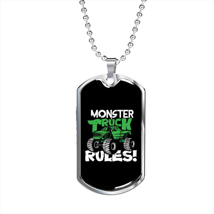 Monster Truck Rules Trucker Perfect Gift For Dad Dog Tag Pendant Necklace
