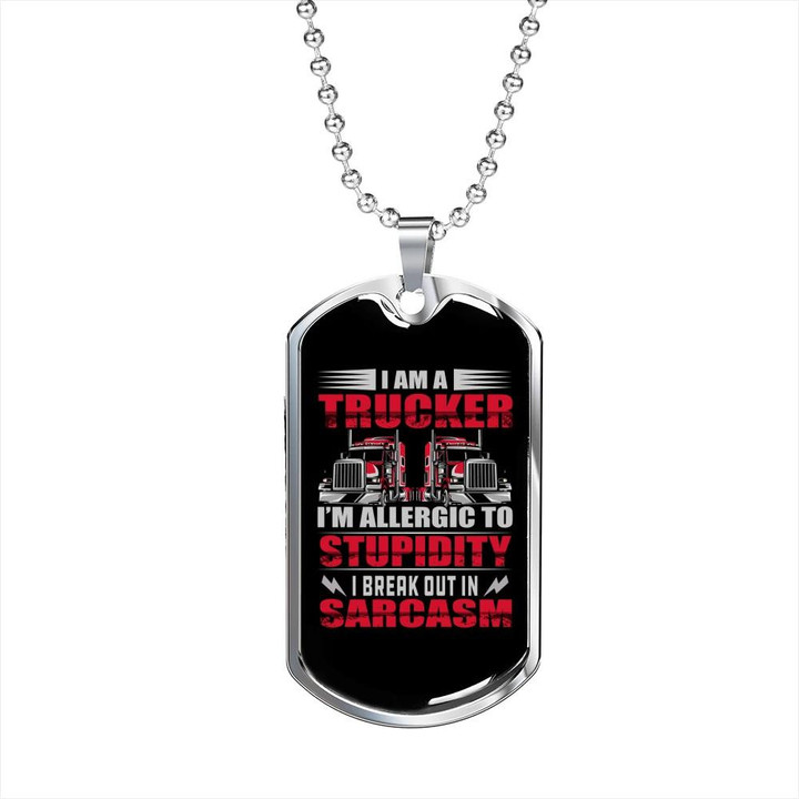 Awesome Gift For Dad Dog Tag Pendant Necklace Trucker Allergic To Stupidity