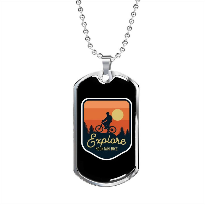 Explore Mountain Bike Cycling Sunset Awesome Gift For Dad Dog Tag Pendant Necklace