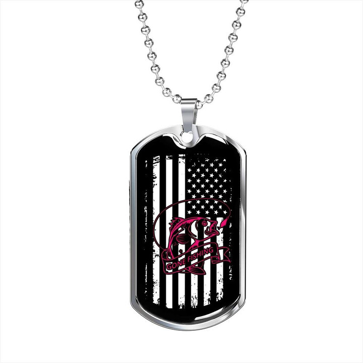 Gift For Him Gone Fishing Pink Fish US Flag Design Dog Tag Necklace