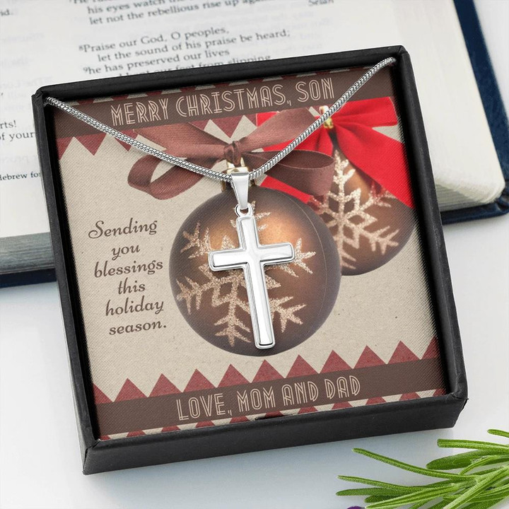 Christmas Blessings Gift For Son From Mom And Dad Engraved Cross Necklace