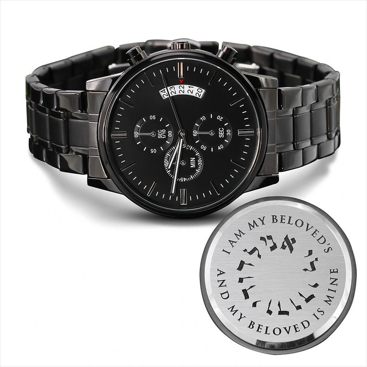 I Am My Beloved My Beloved Is Mine Engraved Customized Black Chronograph Watch