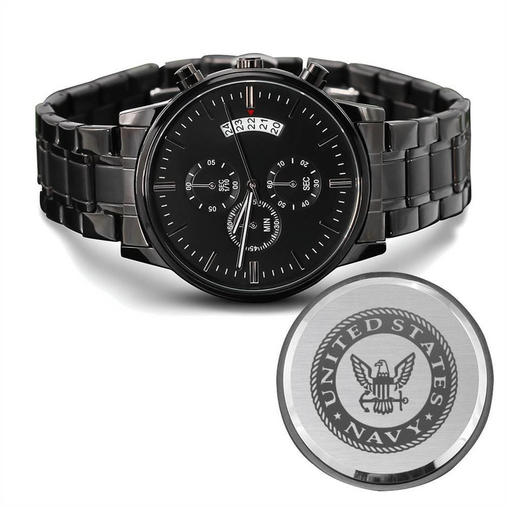 Engraved Customized Black Chronograph Watch United States Navy Emblem Themed