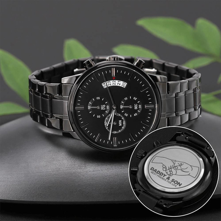 Engraved Customized Black Chronograph Watch Daddy And Son Best Friend For Life