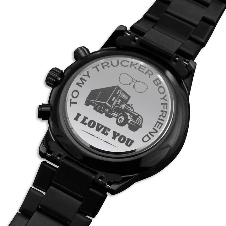 Engraved Customized Black Chronograph Watch Gift For Boyfriend Trucker Boyfriend I Love You
