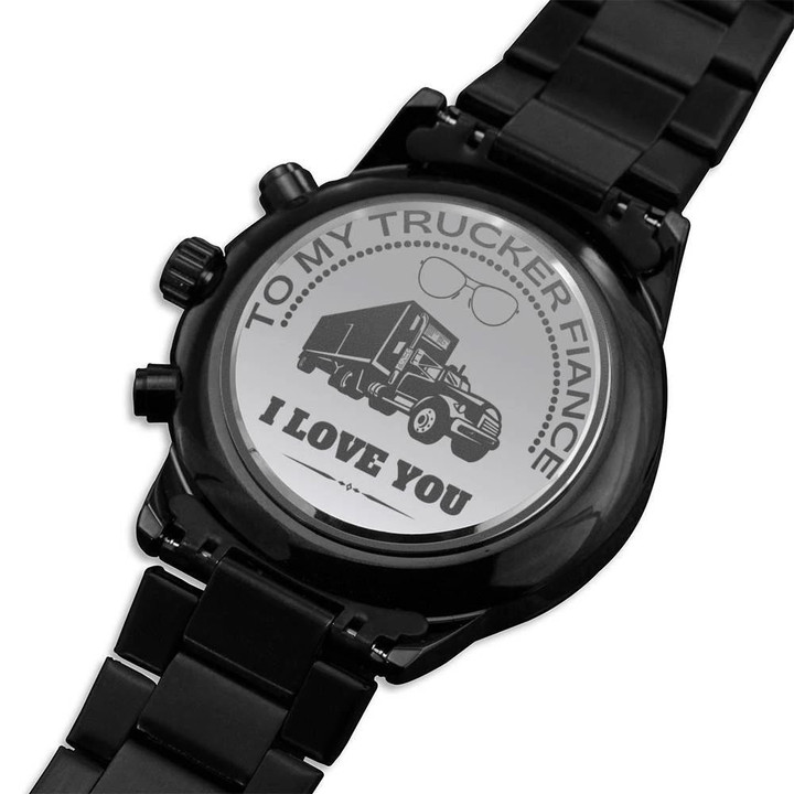 Gift For Husband Trucker Fiancé I Love You Engraved Customized Black Chronograph Watch