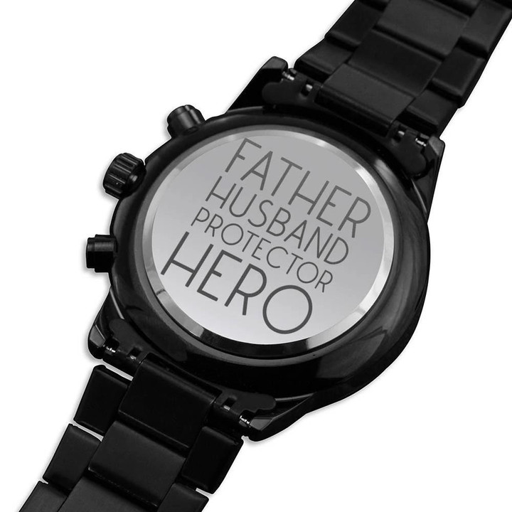 Gift For Father Husband Protector Hero Engraved Customized Black Chronograph Watch