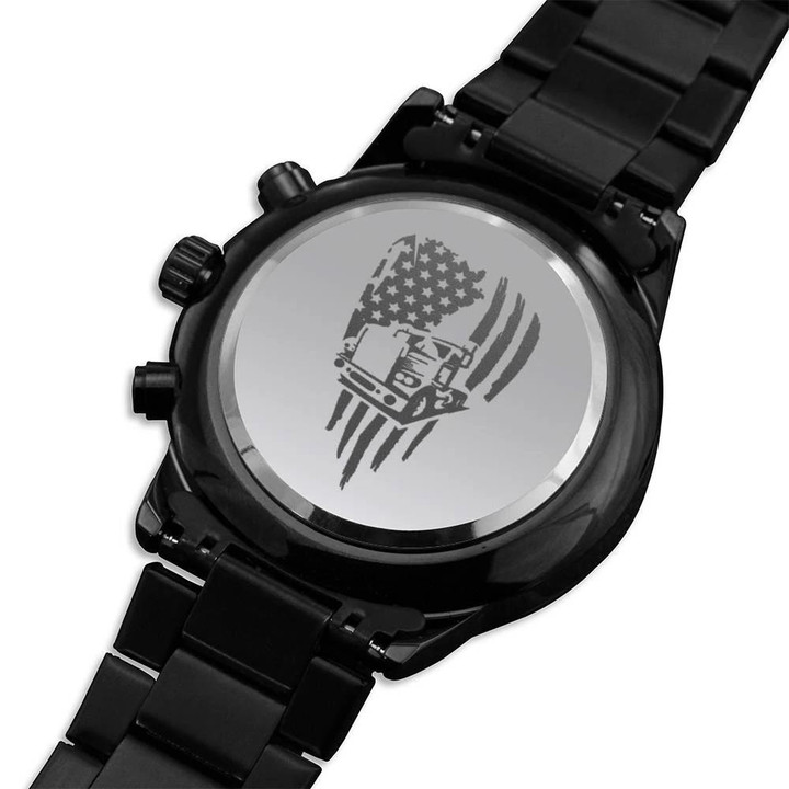 Engraved Trucker Flag Design Engraved Customized Black Chronograph Watch
