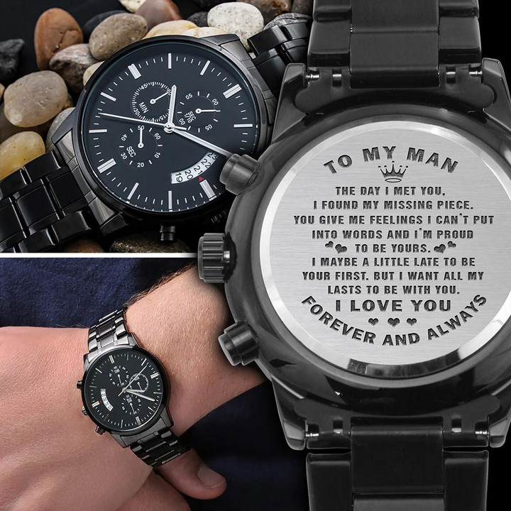 I Love You Forever Engraved Customized Black Chronograph Watch Gift For Him